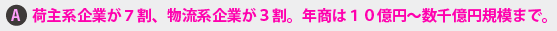荷主系企業が７割、物流系企業が３割。年商は１０億円～数千億円規模まで。